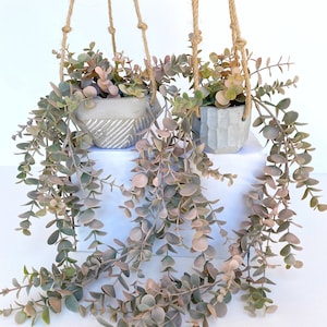 NEW - Pink Eucalyptus Faux Hanging Plant in Handmade Concrete Pot - with Jute Twine OR as Floating Shelve Decor