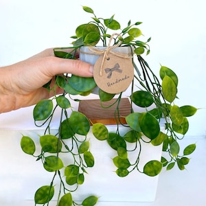 Puede incluir: Una pequeña planta en maceta con hojas verdes colgantes en una maceta de hormigón blanco. La maceta está sobre un soporte de madera. Una etiqueta de papel marrón con un lazo dibujado a mano y la palabra "Handmade" está atada a la maceta.