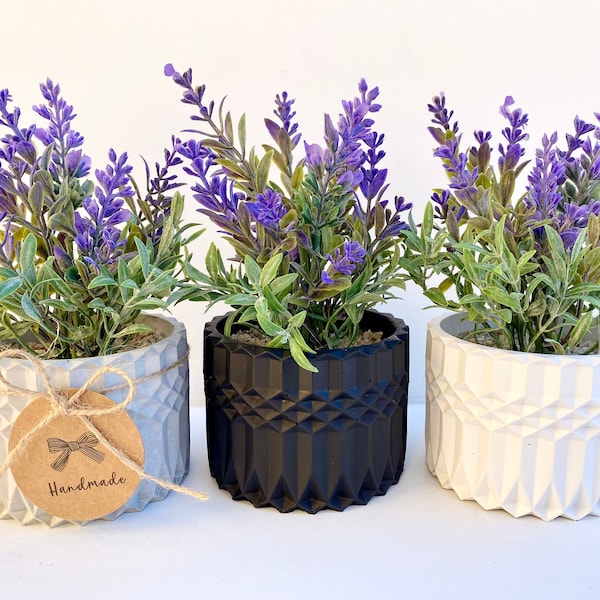 Planta de lavanda artificial en maceta de hormigón hecha a mano - Lavanda artificial - Decoración de estanterías flotantes, decoración de encimeras de cocina, decoración rústica