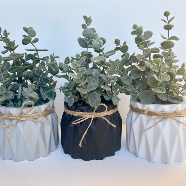 Eucalyptus artificiel dans un pot en béton fait main - faux eucalyptus - rustique, décoration de ferme