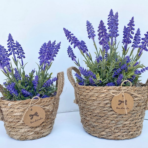 Sea Grass Basket with artificial Lavender Plant -  Faux Lavender - Boho, Rustic, Farmhouse Deco