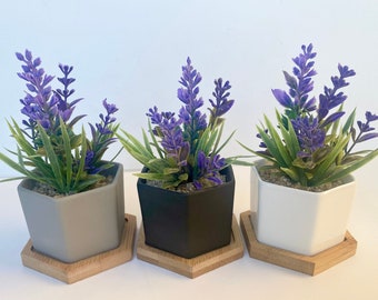 Small Artificial Lavender plant in white, black or grey Hexagon Pot with Bamboo Tray - perfect little gift, cute plant