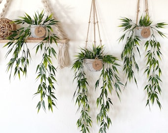 Hanging Faux Bamboo Plant in Handmade Concrete Pot - with Jute Twine or as Floating Shelve Decor - Farmhouse, Boho Decor