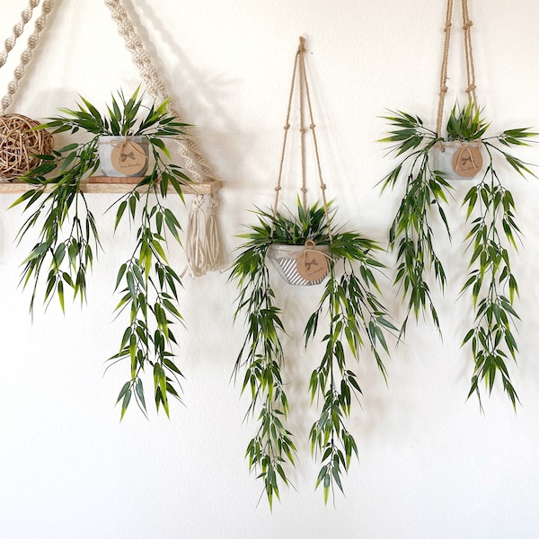 Hanging Faux Bamboo Plant in Handmade Concrete Pot - with Jute Twine or as Floating Shelve Decor - Farmhouse, Boho Decor