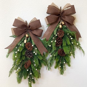 All Winter Door Swag Artificial. Neutral Pine Door Wreath with Bells, Pine Cones and Winter Berries. Double Door Wreath real touch