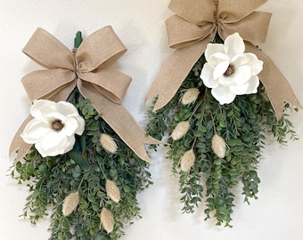 Eucalyptus & Magnolia Swag with Bunny Tails - High Quality Artificial Door Swag - All Year Door Decor - Double Door Swag / Wreath