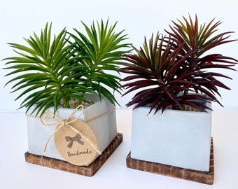 Artificial Succulent Plant in handmade Concrete Pot with Wood Tray - Burgundy Red or Green - Fake Plant - Floating Shelve Decor