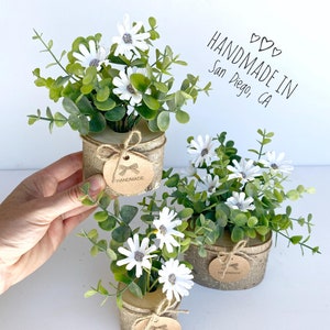 Faux Flower Arrangement in Handmade Wood Pot - with White Daisy Wild Flowers and Eucalyptus  - Small Centerpiece Flower Bouquet