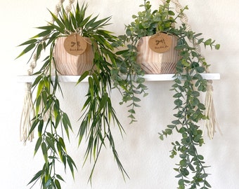 Hanging Faux Bamboo or Eucalyptus Plant in Handmade Wood Pot - Floating Shelve Decor -  Farmhouse, Boho Decor