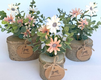 Faux Flower Arrangement in Handmade Wood Pot - with Peach Coral Daisy Wild Flowers and Eucalyptus  - Small Centerpiece Flower Bouquet
