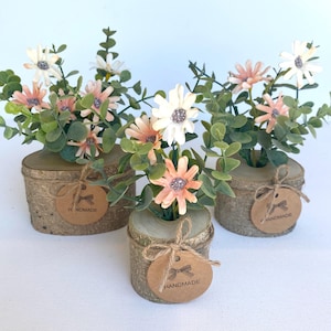 Faux Flower Arrangement in Handmade Wood Pot - with Peach Coral Daisy Wild Flowers and Eucalyptus  - Small Centerpiece Flower Bouquet