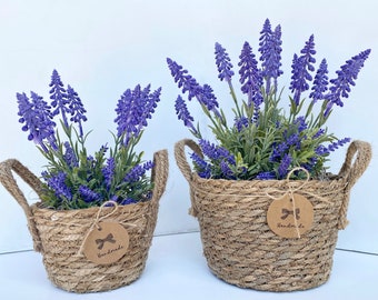 Sea Grass Basket with artificial Lavender Plant -  Faux Lavender - Boho, Rustic, Farmhouse Deco