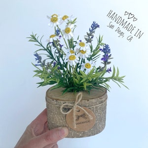 Faux Wild Flower Arrangement in Handmade Wood Pot - Artificial Flowers - Small Centerpiece - Fake Lavender and Silk Daisy Flowers