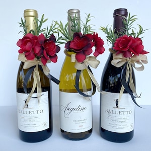 Wine Lover Gift, Faux Flower Arrangement For Wine Bottle red, gold and black - Wine Centerpiece, Champagne Gifts, Wine Bottle Bouquet