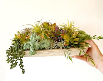 Succulent Table Arrangement in Wooden Tray - Real Touch Succulent Centerpiece - Faux Succulent Arrangement, extremely realistic looking.