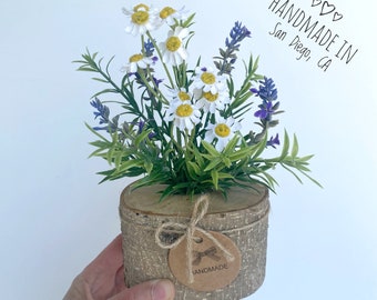 Faux Wild Flower Arrangement in Handmade Wood Pot - Artificial Flowers - Small Centerpiece - Fake Lavender and Silk Daisy Flowers
