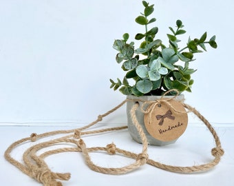 Hanging Faux Eucalyptus Plant in Handmade Concrete Pot - Artificial Plant with Natural Jute Twine -  Farmhouse, Boho Decor