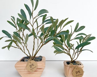 Olivo artificial en maceta de madera hecha a mano - Olivo artificial pequeño sin fruto - Planta de seda de alta calidad