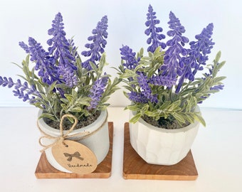 Artificial Lavender Plant in Handmade Concrete Pot with Wood Tray - Faux Lavender - Floating Shelve Decor, Kitchen Counter Deco, Rustic Deco