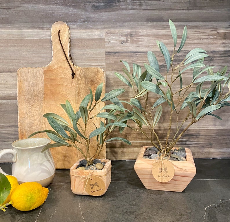 May include: Two potted olive trees with green leaves in wooden planters. The planters have a natural wood finish and are square shaped. The planters have a small tag that says "Handmade".