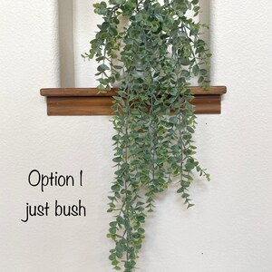 May include: A potted artificial plant with long, trailing green leaves. The plant is in a white pot and is sitting on a wooden shelf.