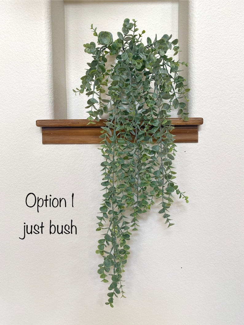 May include: A potted artificial plant with long, trailing green leaves. The plant is in a white pot and is sitting on a wooden shelf.