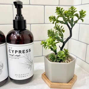 May include: Two brown glass bottles with pumps labeled "No. 7 Cypress hand wash 8 fl oz / 237 ml Magnolia Home" and a small gray hexagonal planter with a green succulent plant on a wooden coaster.