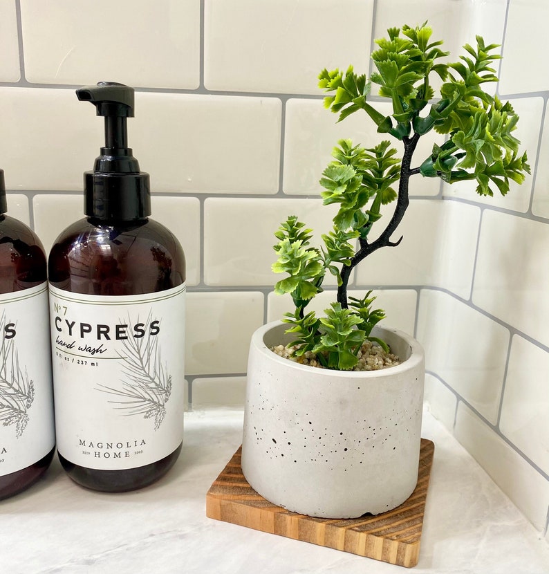 Artificial Bonsai Plant in a Handmade Concrete Pot with Wood Tray - Floating Shelf Decor, Kitchen Counter Deco, RV Decoration Fake Plant Grey