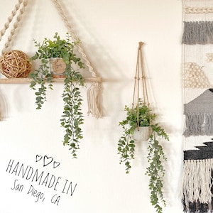 Eucalipto artificial colgante en maceta de hormigón hecha a mano, con hilo de yute o como decoración flotante para estanterías, estilo rústico y bohemio.