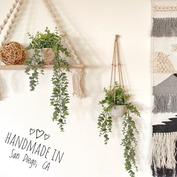 Hanging Faux Eucalyptus Plant in Handmade Concrete Pot - with Jute Twine or as Floating Shelve Decor -  Farmhouse, Boho Decor