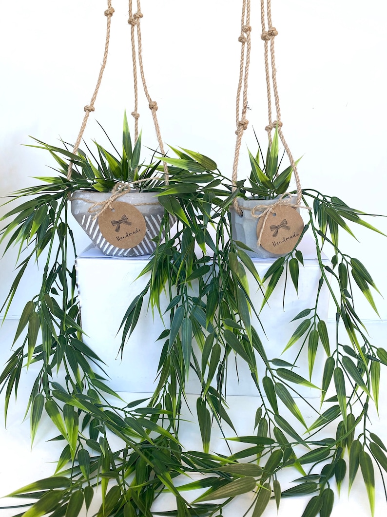 Hanging Faux Bamboo Plant in Handmade Concrete Pot With Jute Etsy