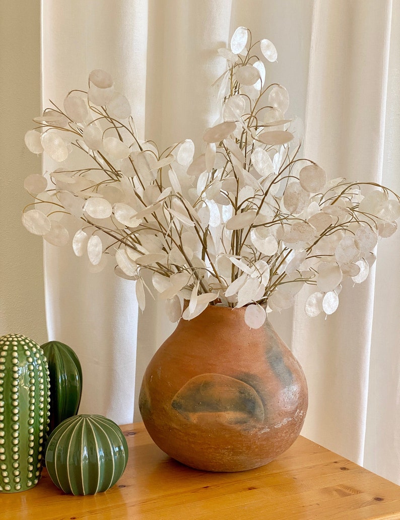 May include: A terracotta vase with a rustic finish holds a bouquet of dried white flowers with delicate stems. The vase has a wide, round base and a narrow neck. The flowers are arranged in a loose, natural style.