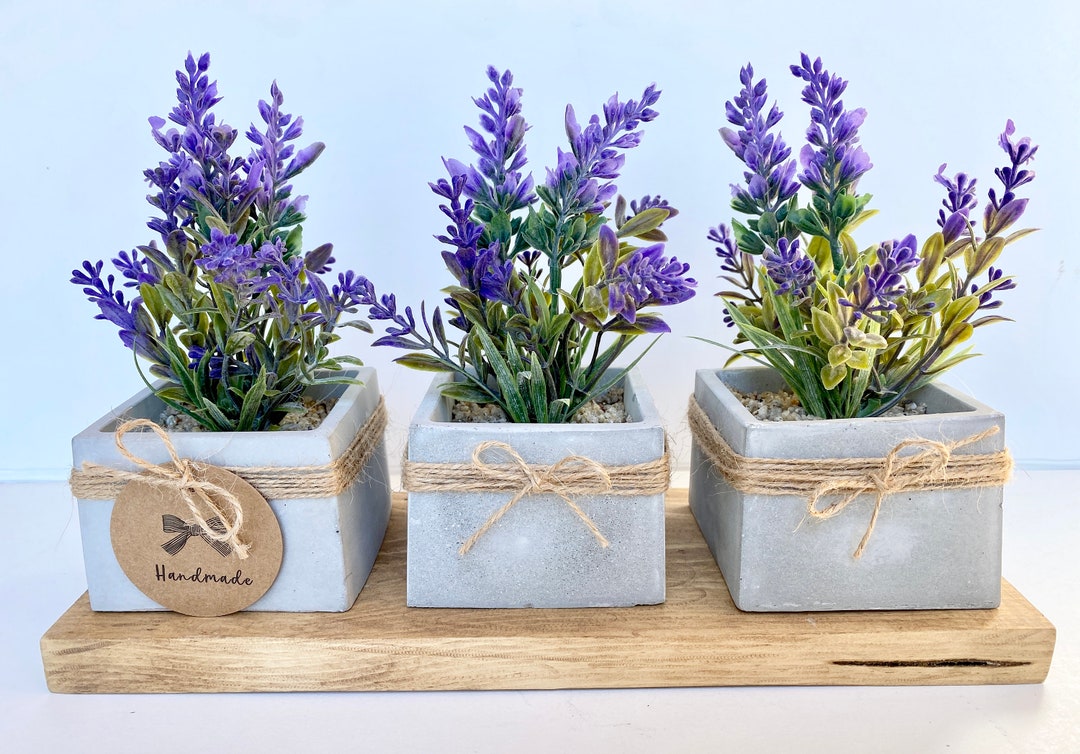 3x Artificial Lavender Plant in Handmade Concrete Pot With Wood Tray