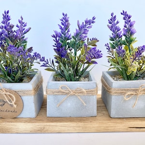3 Artificial Lavender Plants in Handmade Concrete Pot with Wood Tray - Faux Lavender - Rustic Table Decor, Artificial Flowers