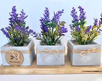 3 Artificial Lavender Plants in Handmade Concrete Pot with Wood Tray - Faux Lavender - Rustic Table Decor, Artificial Flowers