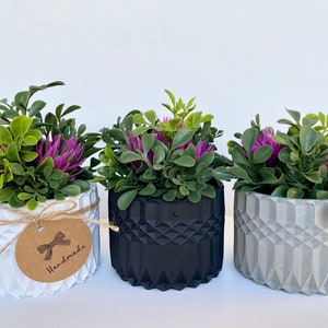 Artificial Plant with pink flowers in handmade Concrete Pot - perfect little gift, small space decor, cute plant