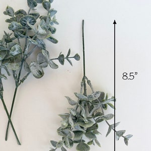 May include: Two sprigs of artificial eucalyptus, one measuring 8.5 inches tall and the other 3 inches wide. The eucalyptus is a light green color with a white, dusty finish.