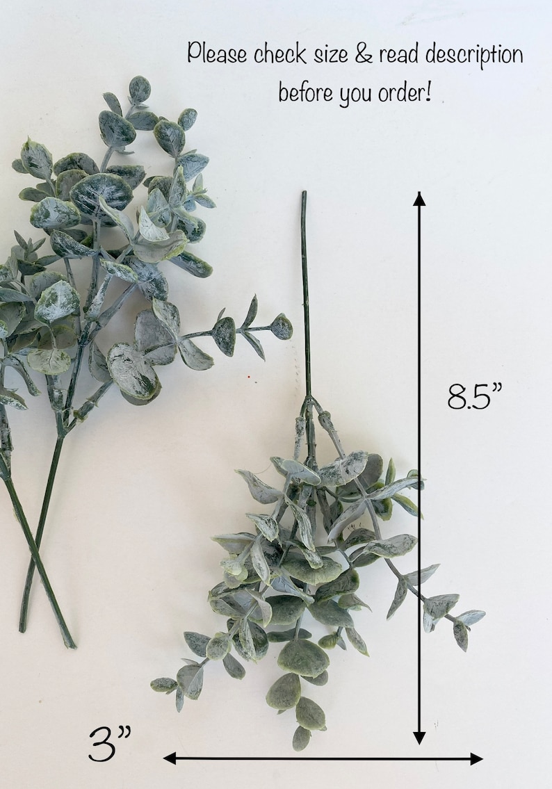 May include: Two sprigs of artificial eucalyptus, one measuring 8.5 inches tall and the other 3 inches wide. The eucalyptus is a light green color with a white, dusty finish.