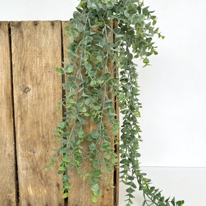 May include: A long strand of artificial eucalyptus greenery hangs over the edge of a wooden crate. The leaves are a light green color and have a slightly dusty texture.