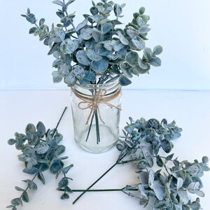 May include: A bouquet of dusty blue eucalyptus stems in a clear glass jar with a brown twine bow. The stems are arranged in a vase on a white surface.