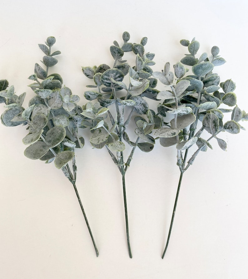May include: Three sprigs of artificial eucalyptus with a frosted, silvery-green finish. The stems are long and slender, and the leaves are clustered together.