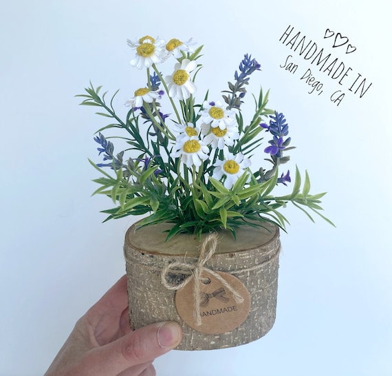 Faux Wild Flower Arrangement in Handmade Wood Pot - Artificial Flowers - Small Centerpiece - Fake Lavender and Silk Daisy Flowers