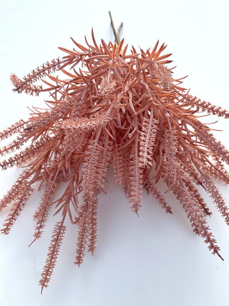 May include: A bunch of artificial pink flower stems with long, thin, feathery leaves.