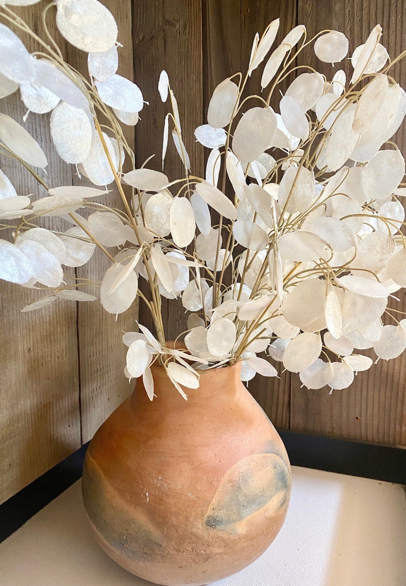 May include: A terracotta vase with a round, bulbous shape and a rough, textured surface. The vase is filled with dried white flowers with delicate stems.