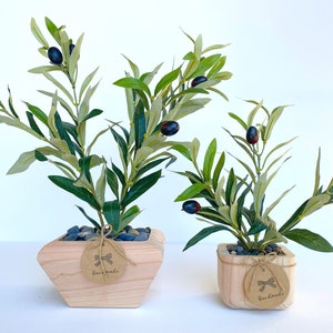 Artificial Olive Tree in Handmade Wood Pot -  Small Faux Olive Tree with Fruit - High Quality Fake Plant