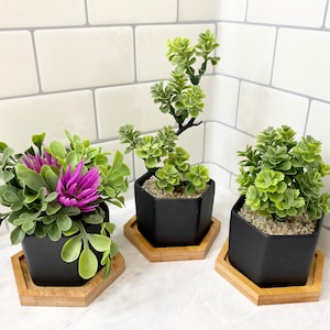 3 Small Artificial Plants in Matte Black Hexagon Pot with Bamboo Tray, Floating Shelf Decor Faux Plants, Fake Office Desk Plant High Quality