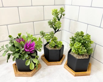 3 Small Artificial Plants in Matte Black Hexagon Pot with Bamboo Tray, Floating Shelf Decor Faux Plants, Fake Office Desk Plant High Quality