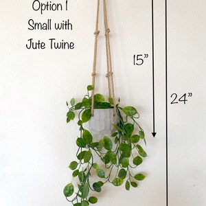 Puede incluir: Un peque&ntilde;o macetero colgante con una planta verde y cuerda de yute. El macetero mide 15 pulgadas de alto y la planta cuelga 24 pulgadas de largo. Opci&oacute;n 1: Peque&ntilde;o con cuerda de yute.