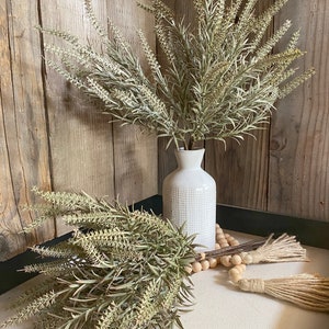 May include: Two bunches of dried, light green, feathery sprigs in white ceramic vases with a wooden bead garland and two tassels.