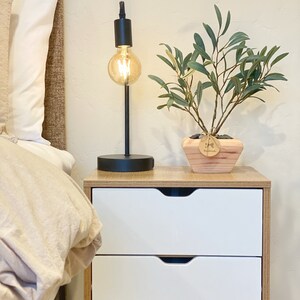 May include: A wooden nightstand with two white drawers and a black lamp with a light bulb. A potted olive tree sits on the nightstand.